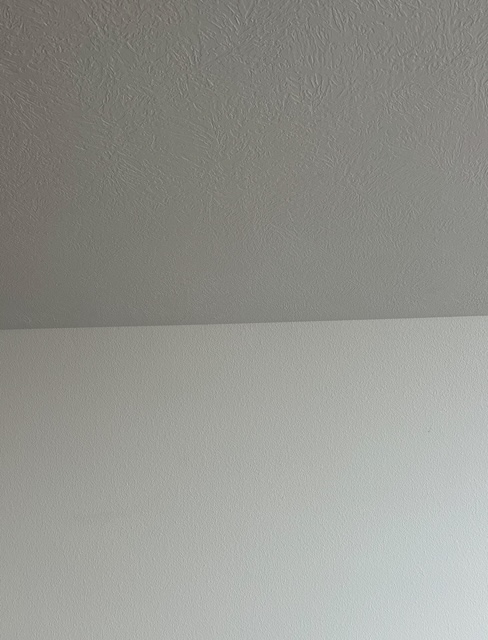 Interior corner where a coarsely textured ceiling meets a finely stippled wall.