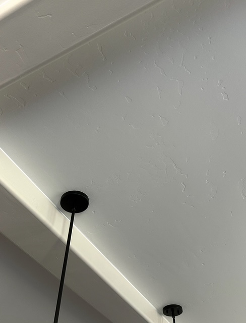 Low-angle view of a subtly textured ceiling with two black pendant lights.
